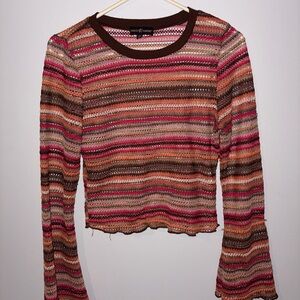 Almost Famous Striped Crochet Long-Sleeve Top in Pink, Brown & Cream